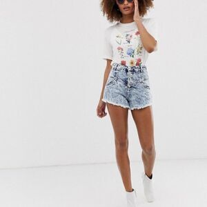 Neon rose acid wash high waist button shorts S
